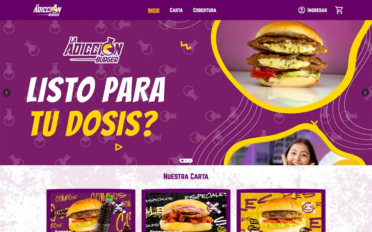 Página de inicio de la web de pedidos de Adicción Burger