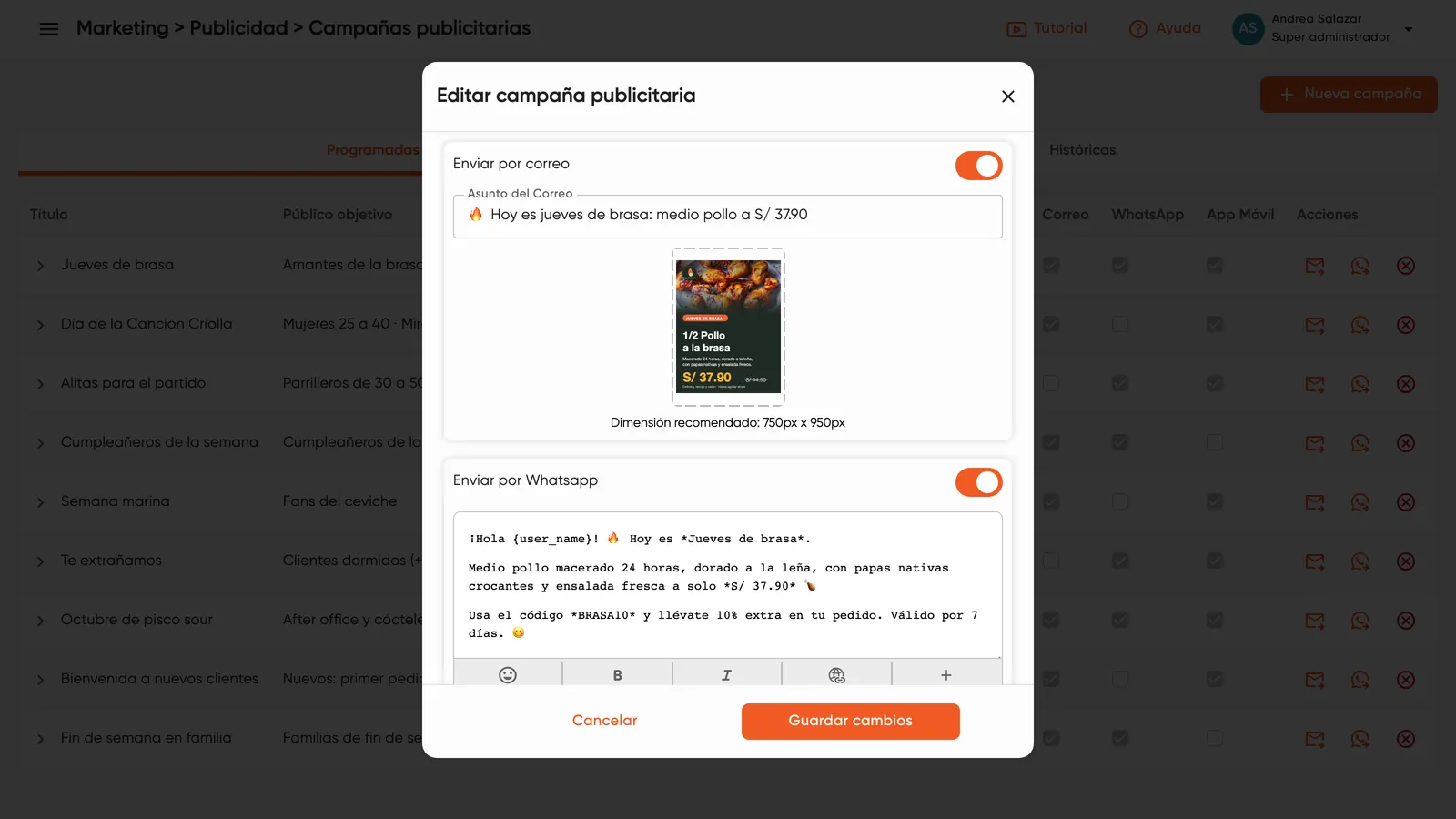 Edición de una campaña que se envía por correo y por WhatsApp