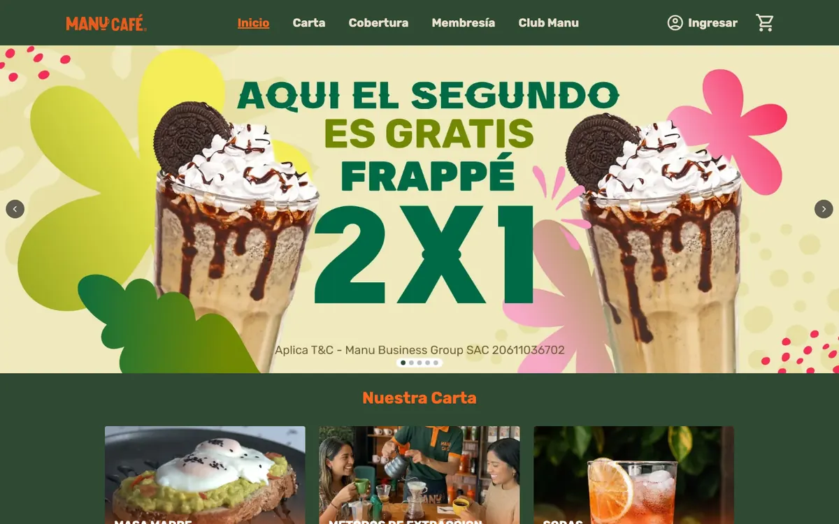 Página de inicio de la web de pedidos de Manu Café
