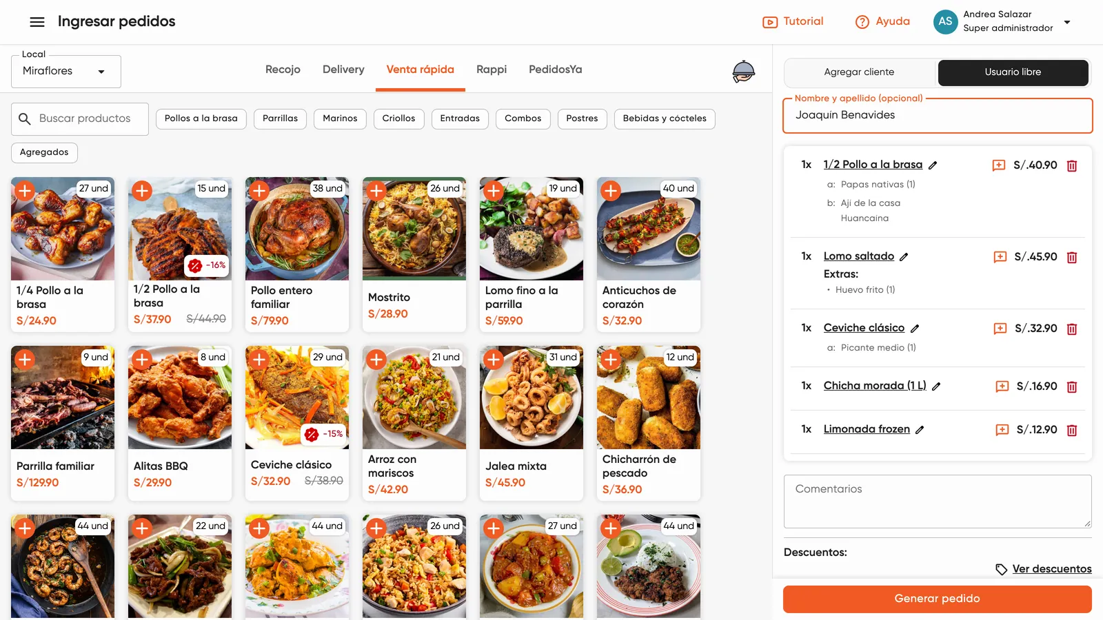 Punto de venta de Quick eat! con la carta, fotos de los platos y el pedido en curso