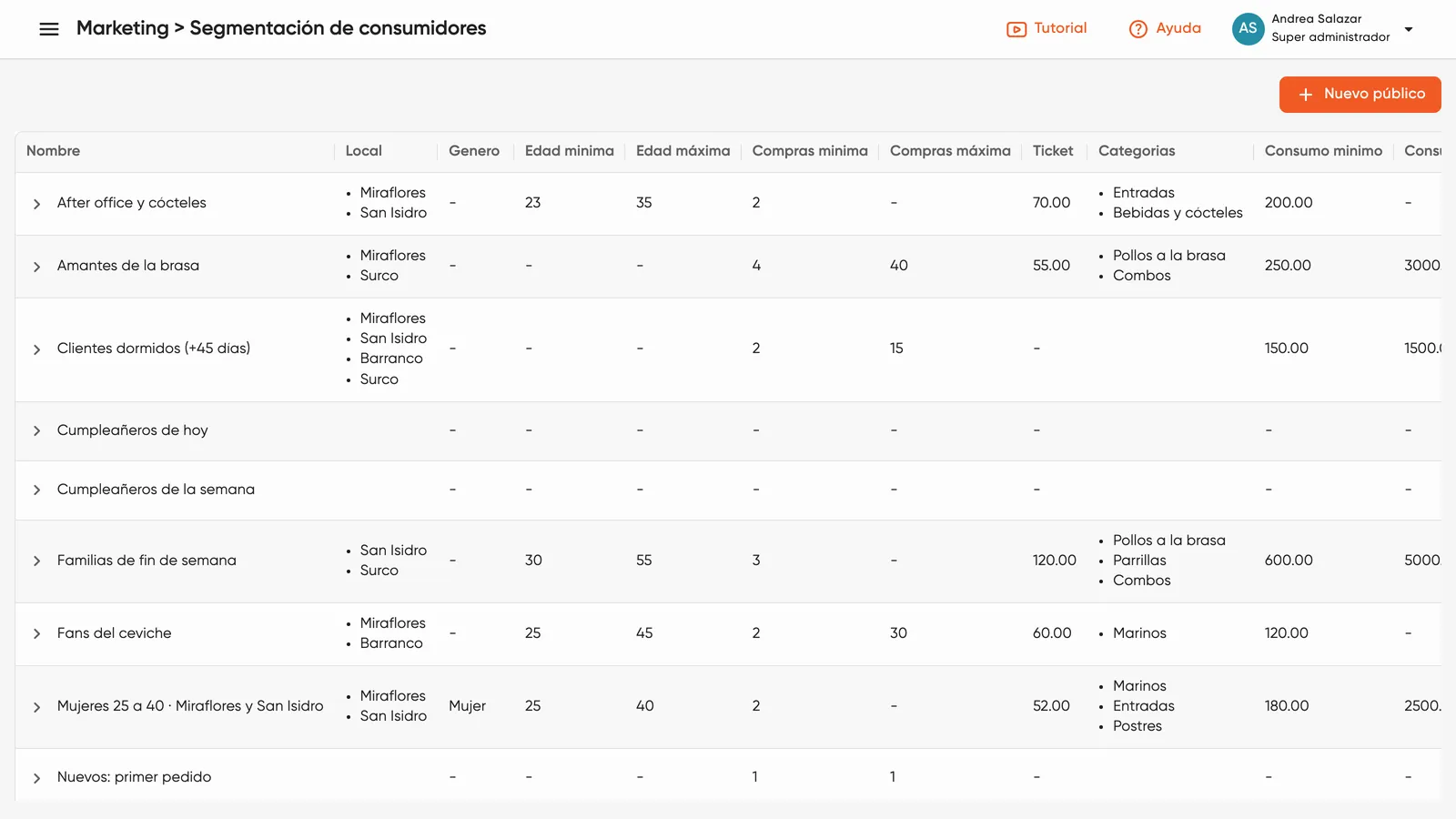 Públicos de clientes segmentados por local, edad, compras, ticket y categorías