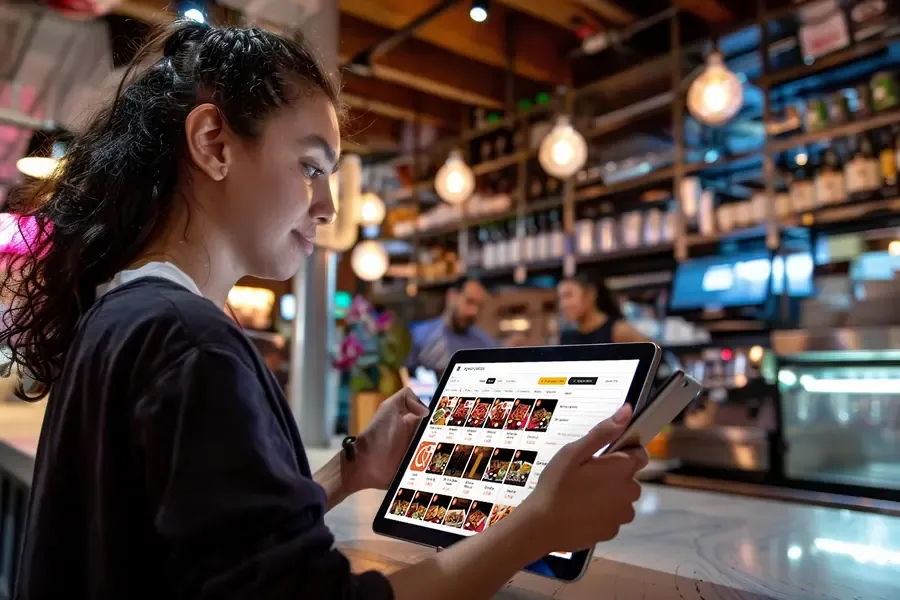 Clienta revisando la carta de un restaurante en una tablet