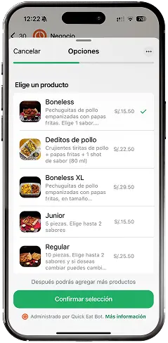 Chatbot de WhatsApp mostrando la carta para elegir un producto